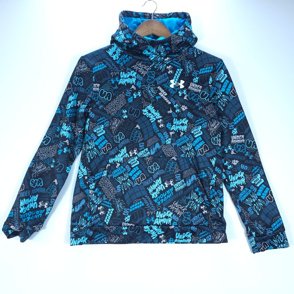 Streetwear Under Armour Hoodie Youth‎ L Blue Graffiti Print Pullover Sweatshirt